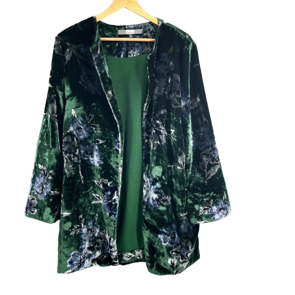Eva Franco Velvet Floral Open Front Jacket Green Blue Long Sleeve Size S